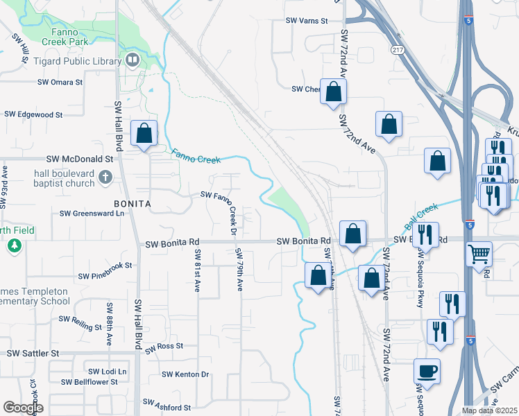 map of restaurants, bars, coffee shops, grocery stores, and more near 7721 Southwest Bonita Road in Tigard