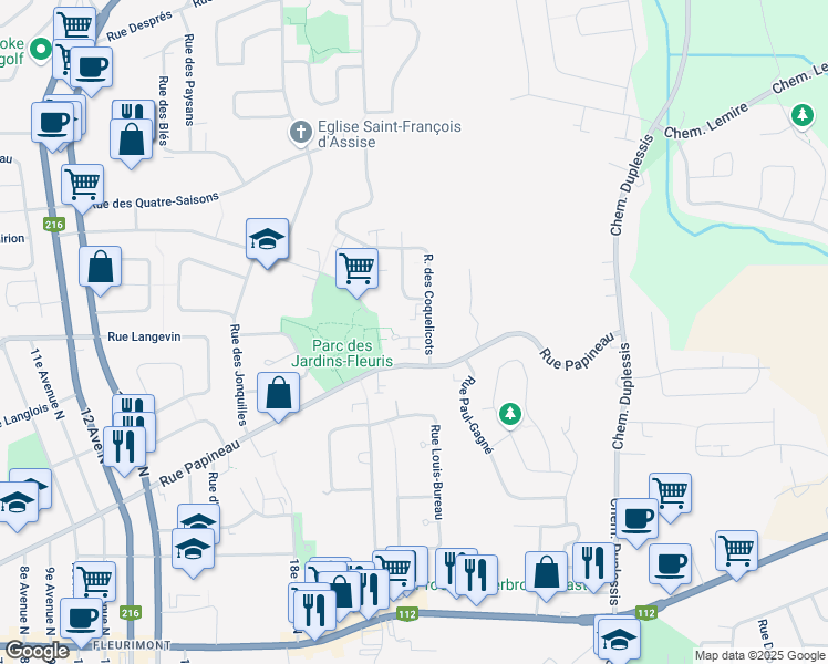 map of restaurants, bars, coffee shops, grocery stores, and more near 1319 Rue des Immortelles in Sherbrooke