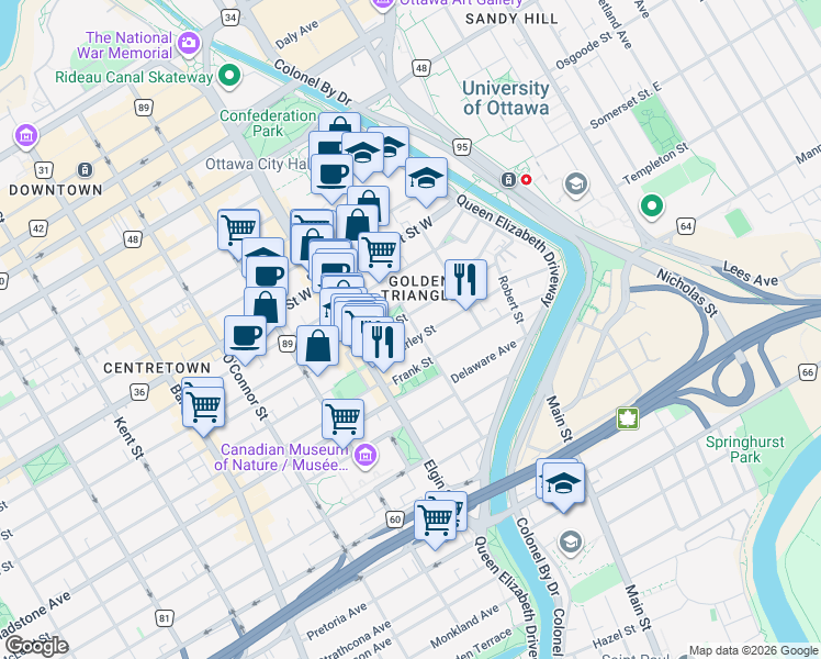 map of restaurants, bars, coffee shops, grocery stores, and more near 106 Cartier Street in Ottawa