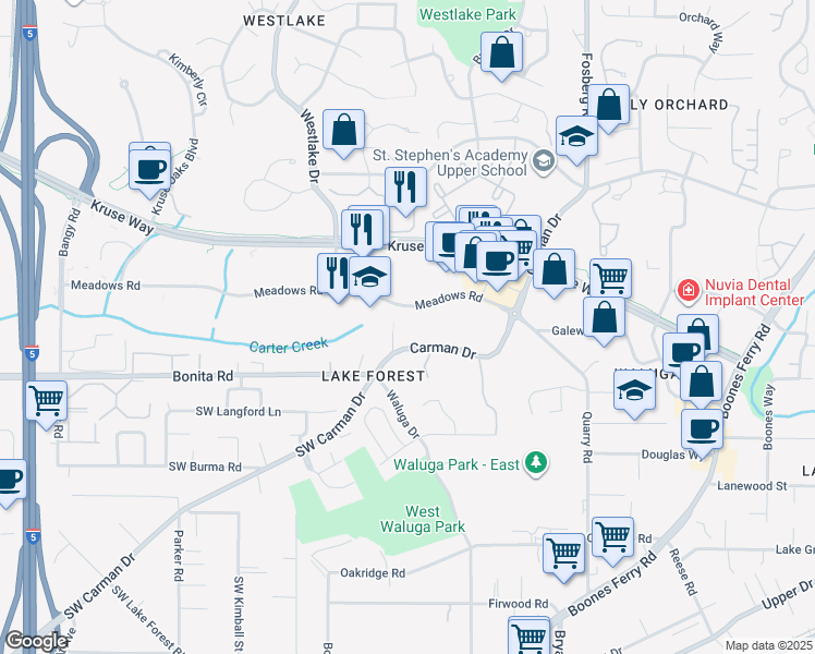 map of restaurants, bars, coffee shops, grocery stores, and more near 5000 Meadows Road in Lake Oswego