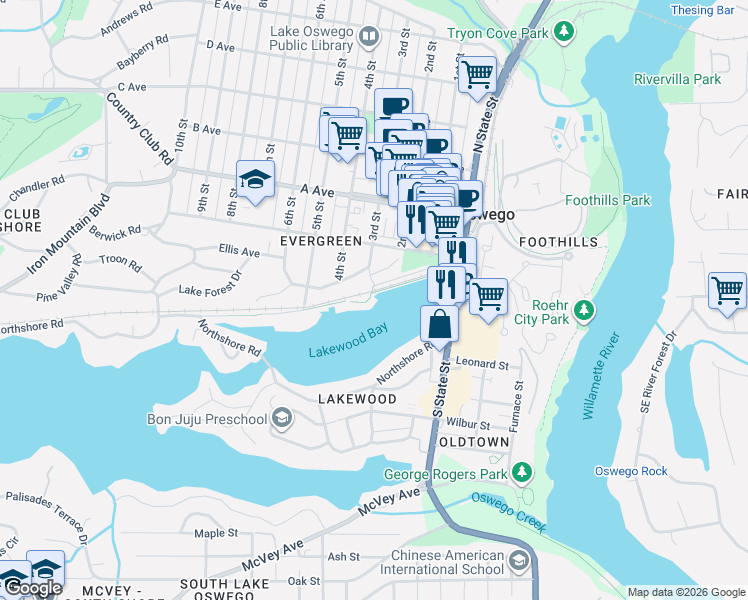 map of restaurants, bars, coffee shops, grocery stores, and more near 100 3rd Street in Lake Oswego