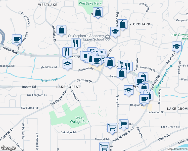 map of restaurants, bars, coffee shops, grocery stores, and more near 4800 Meadows Road in Lake Oswego