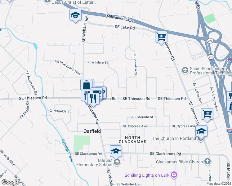 map of restaurants, bars, coffee shops, grocery stores, and more near 14730 Southeast Luella Lane in Milwaukie