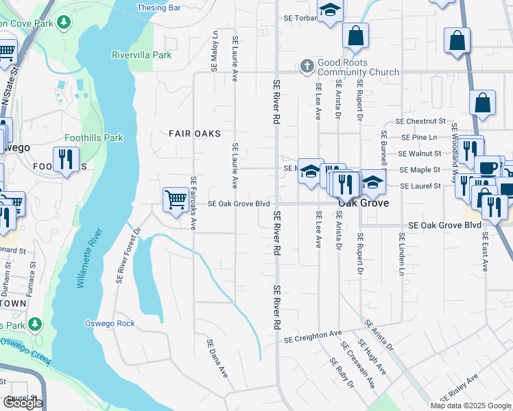 map of restaurants, bars, coffee shops, grocery stores, and more near 1463 Southeast Oak Grove Boulevard in Milwaukie