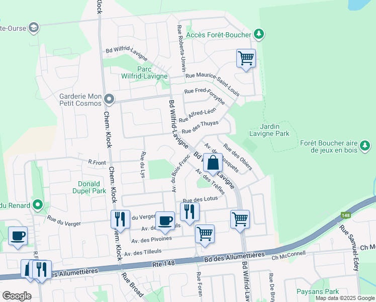 map of restaurants, bars, coffee shops, grocery stores, and more near 237 Avenue du Bois-Franc in Gatineau