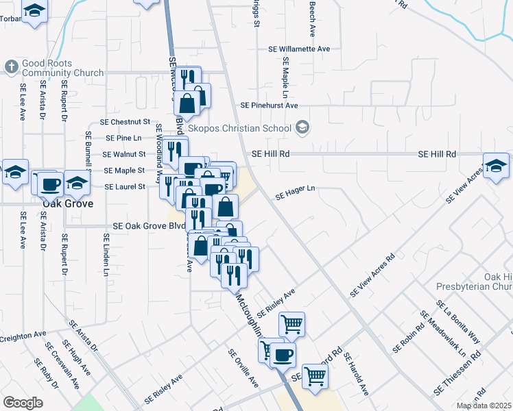 map of restaurants, bars, coffee shops, grocery stores, and more near 3500 Southeast Oak Grove Boulevard in Portland