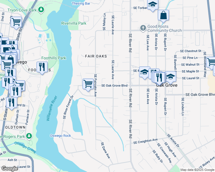 map of restaurants, bars, coffee shops, grocery stores, and more near 1287 Southeast Oak Grove Boulevard in Milwaukie