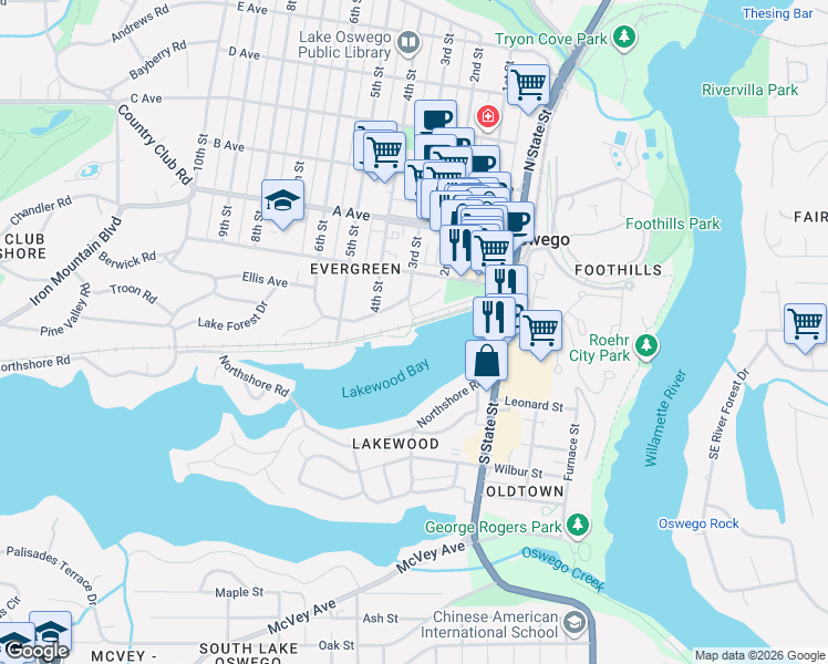 map of restaurants, bars, coffee shops, grocery stores, and more near 125 3rd Street in Lake Oswego