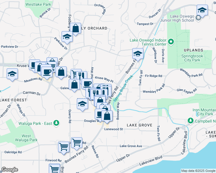 map of restaurants, bars, coffee shops, grocery stores, and more near 3900 Kruse Way Place in Lake Oswego