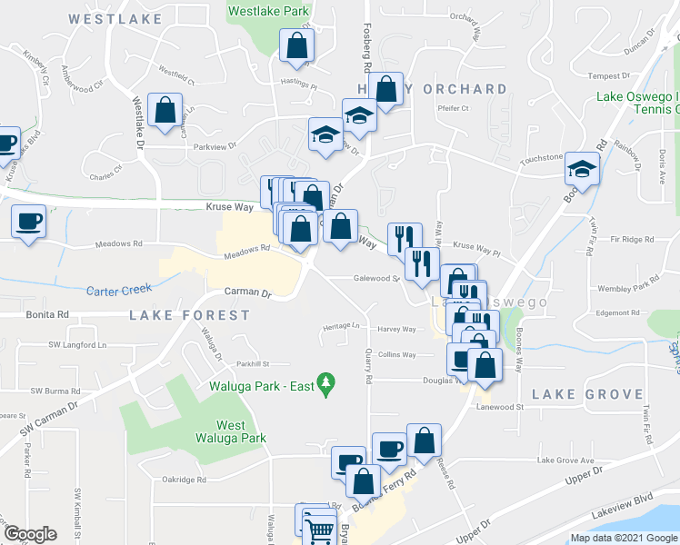 map of restaurants, bars, coffee shops, grocery stores, and more near 4589 Galewood Street in Lake Oswego