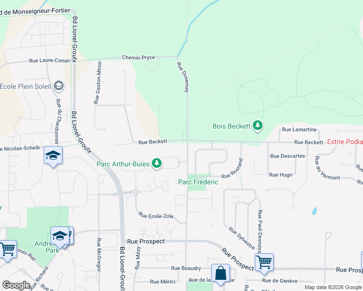map of restaurants, bars, coffee shops, grocery stores, and more near 2580 Rue Beckett in Sherbrooke