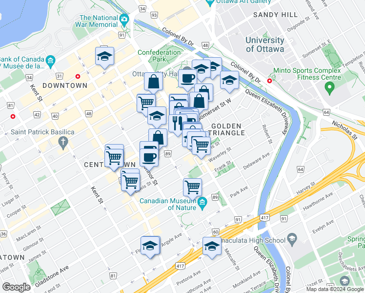 map of restaurants, bars, coffee shops, grocery stores, and more near in Ottawa
