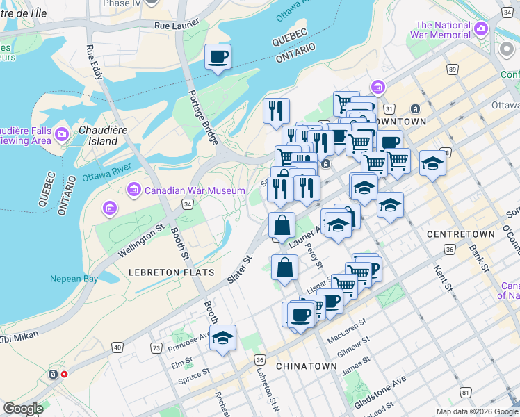map of restaurants, bars, coffee shops, grocery stores, and more near 100 Bronson Avenue in Ottawa