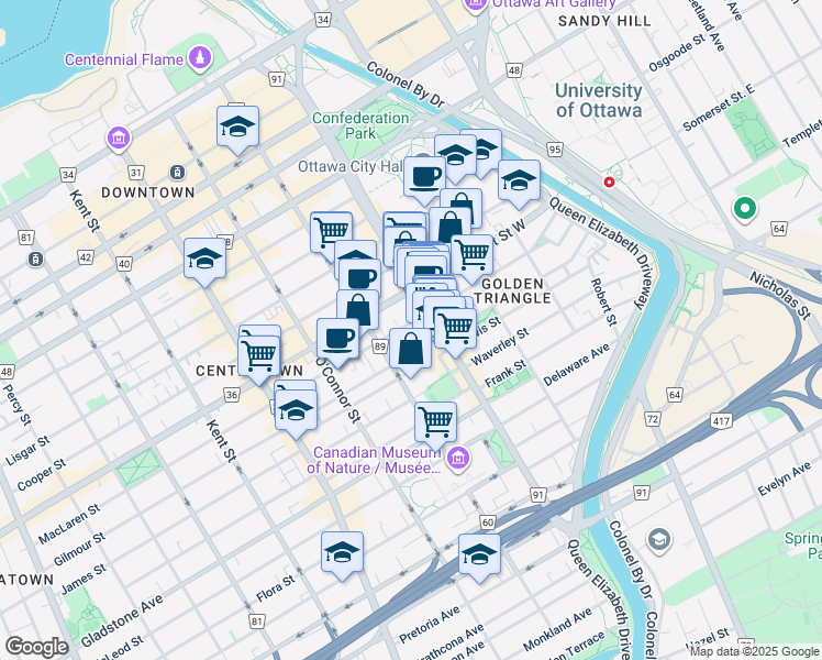 map of restaurants, bars, coffee shops, grocery stores, and more near 218 MacLaren Street in Ottawa