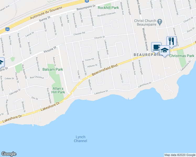 map of restaurants, bars, coffee shops, grocery stores, and more near 587 Chelsea Crescent in Beaconsfield