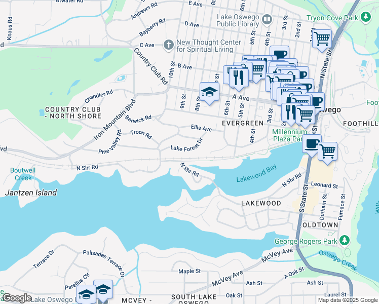 map of restaurants, bars, coffee shops, grocery stores, and more near 830 Lake Forest Drive in Lake Oswego