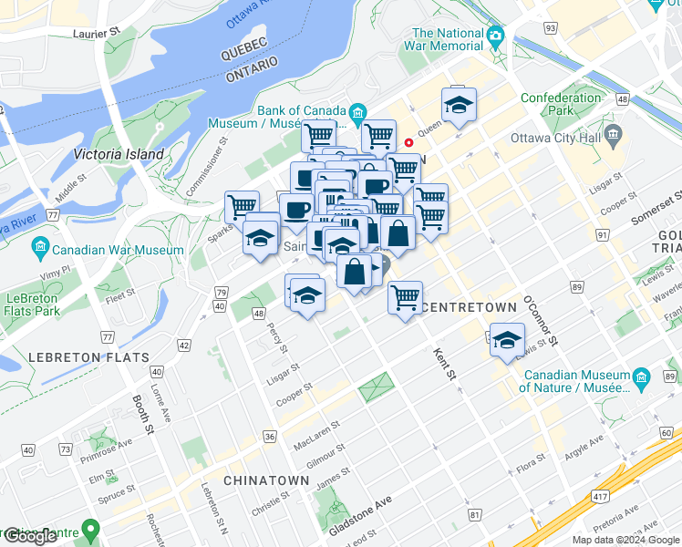 map of restaurants, bars, coffee shops, grocery stores, and more near 440 Laurier Avenue West in Ottawa