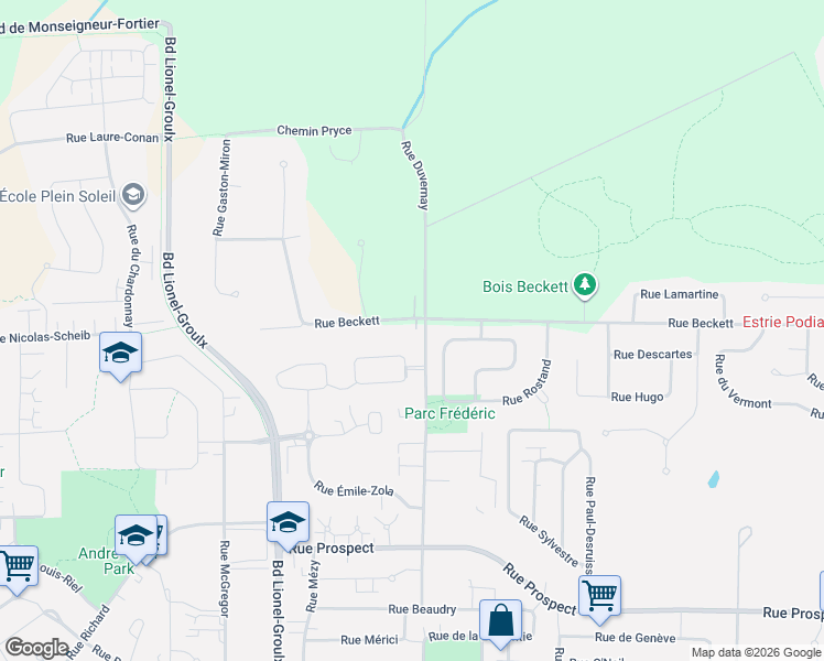 map of restaurants, bars, coffee shops, grocery stores, and more near 2580 Rue Beckett in Sherbrooke