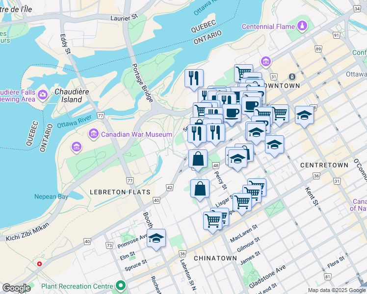 map of restaurants, bars, coffee shops, grocery stores, and more near 100 Bronson Avenue in Ottawa