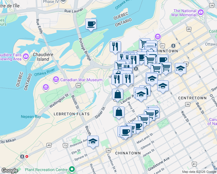map of restaurants, bars, coffee shops, grocery stores, and more near 100 Bronson Avenue in Ottawa