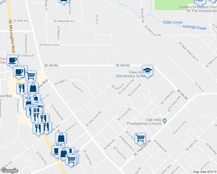 map of restaurants, bars, coffee shops, grocery stores, and more near 18051 Southeast Wild Rose Lane in Portland
