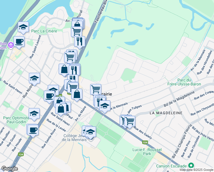 map of restaurants, bars, coffee shops, grocery stores, and more near 130 Avenue Ernest-Rochette in La Prairie