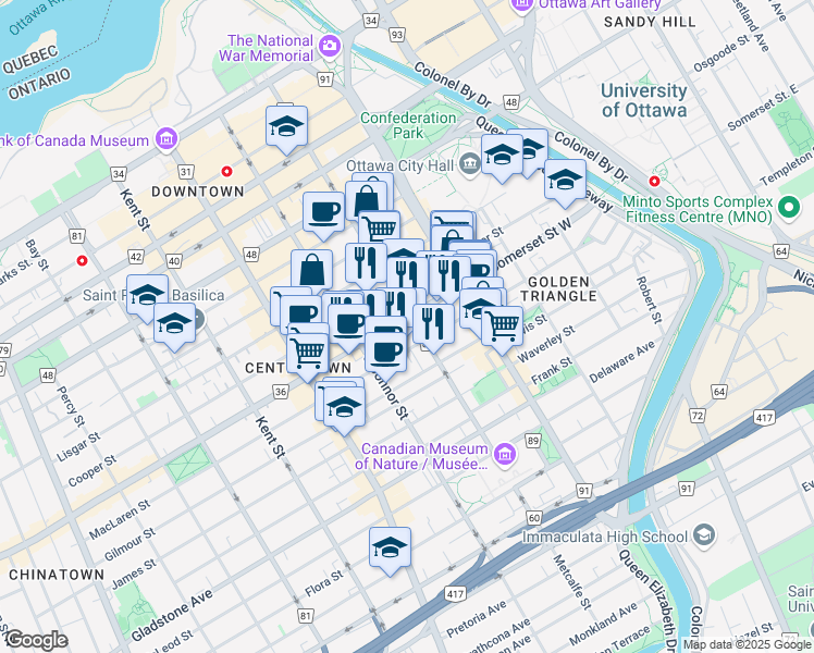 map of restaurants, bars, coffee shops, grocery stores, and more near in Ottawa
