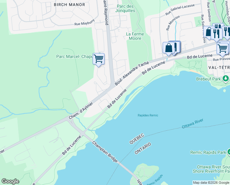 map of restaurants, bars, coffee shops, grocery stores, and more near 152 Boulevard de Lucerne in Gatineau