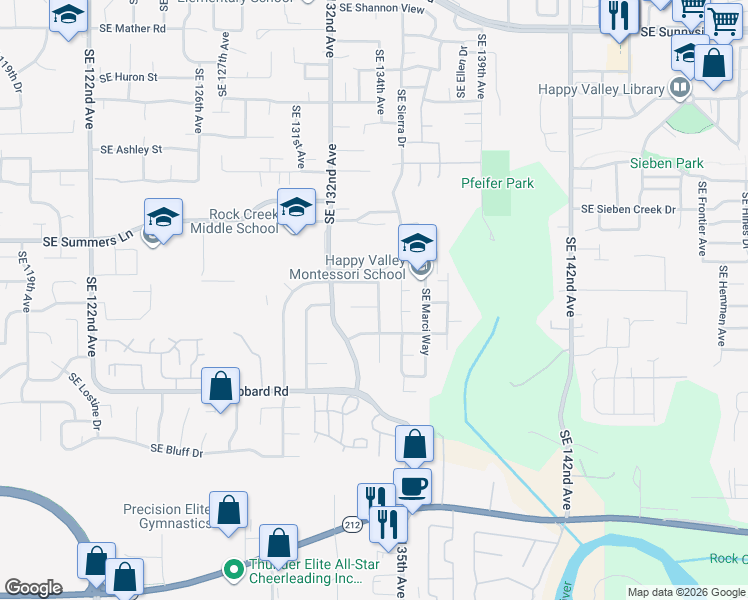 map of restaurants, bars, coffee shops, grocery stores, and more near 14623 Southeast Megan Way in Clackamas