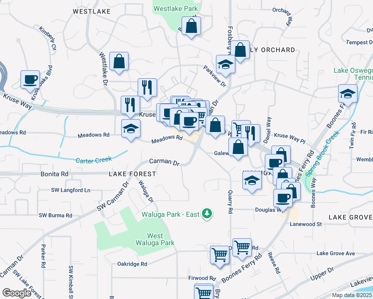 map of restaurants, bars, coffee shops, grocery stores, and more near 4800 Meadows Road in Lake Oswego