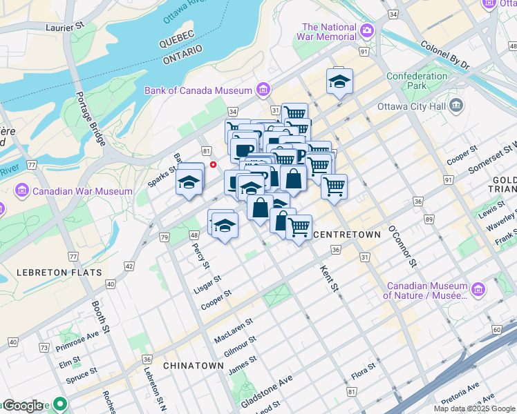 map of restaurants, bars, coffee shops, grocery stores, and more near 440 Laurier Avenue West in Ottawa