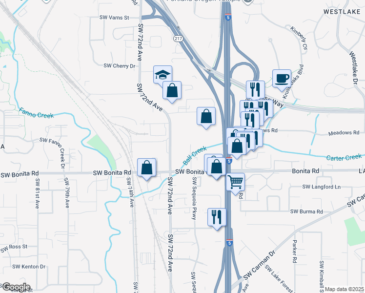 map of restaurants, bars, coffee shops, grocery stores, and more near 14280 Southwest 72nd Avenue in Tigard