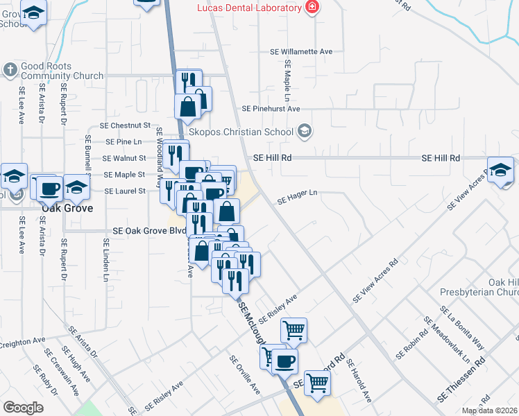 map of restaurants, bars, coffee shops, grocery stores, and more near 3500 Southeast Oak Grove Boulevard in Milwaukie