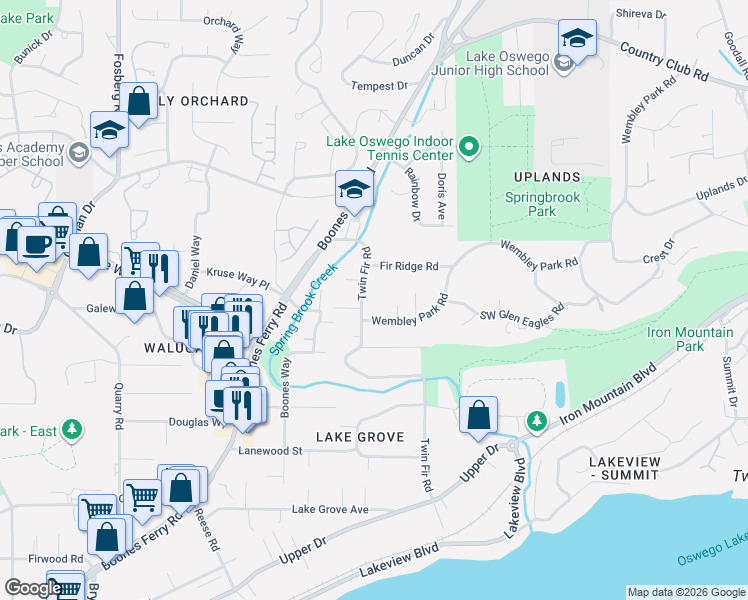 map of restaurants, bars, coffee shops, grocery stores, and more near 15008 Twin Fir Road in Lake Oswego