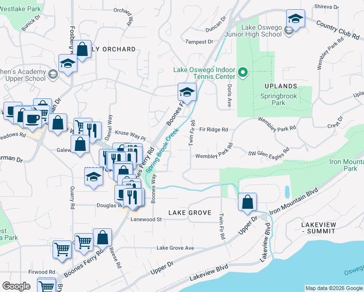 map of restaurants, bars, coffee shops, grocery stores, and more near 15001 Twin Fir Road in Lake Oswego