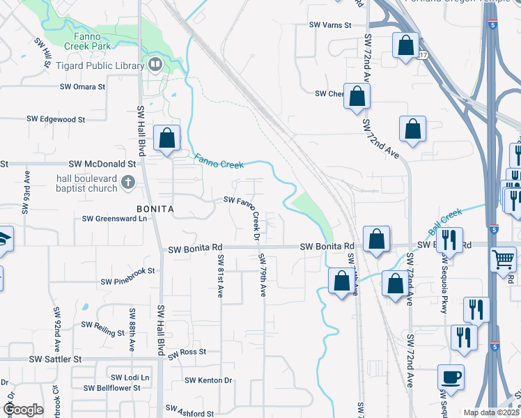 map of restaurants, bars, coffee shops, grocery stores, and more near 7885 Southwest Fanno Creek Drive in Tigard