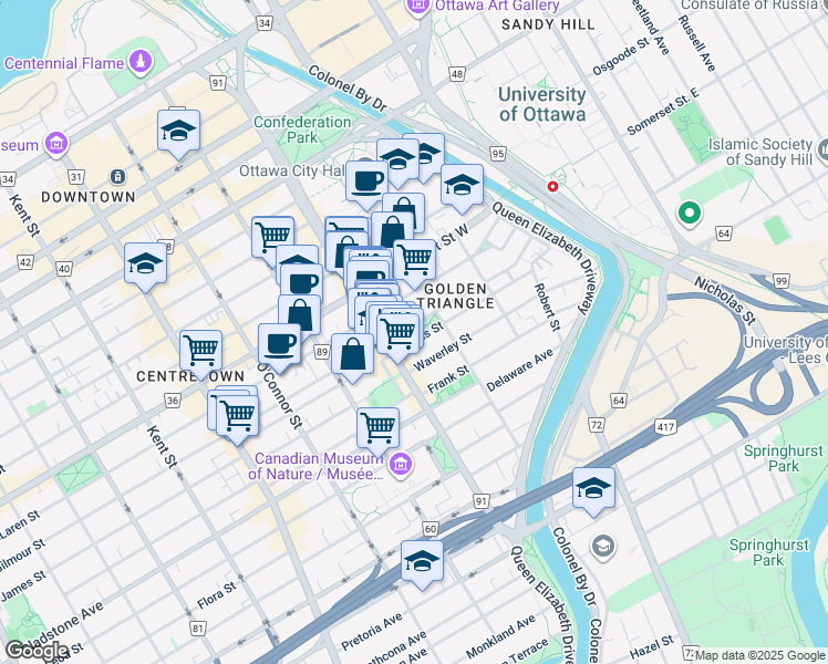 map of restaurants, bars, coffee shops, grocery stores, and more near  in Ottawa
