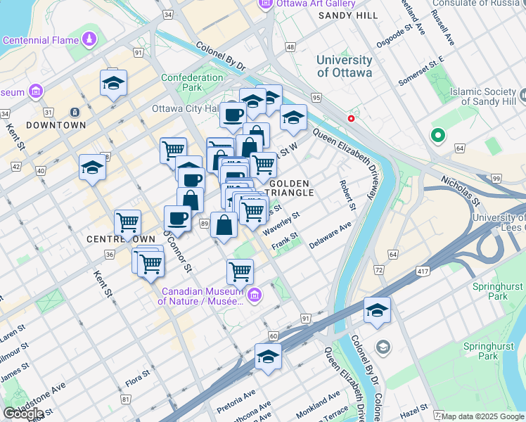 map of restaurants, bars, coffee shops, grocery stores, and more near 161 MacLaren Street in Ottawa