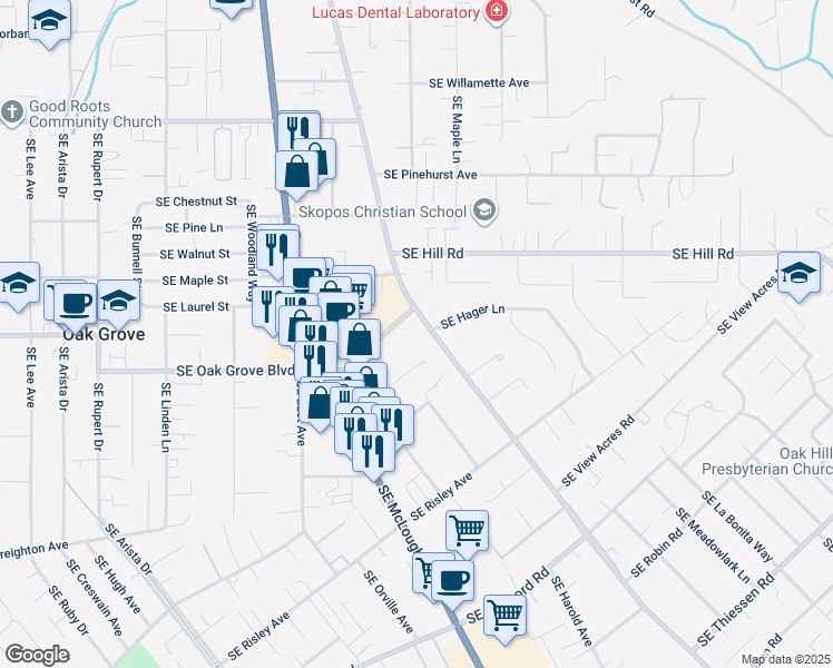 map of restaurants, bars, coffee shops, grocery stores, and more near 3500 Southeast Oak Grove Boulevard in Portland