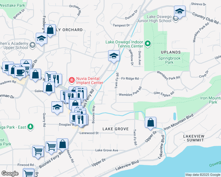 map of restaurants, bars, coffee shops, grocery stores, and more near 15001 Twin Fir Road in Lake Oswego