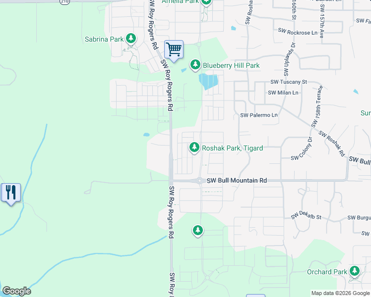 map of restaurants, bars, coffee shops, grocery stores, and more near 14224 Southwest 169th Avenue in Tigard