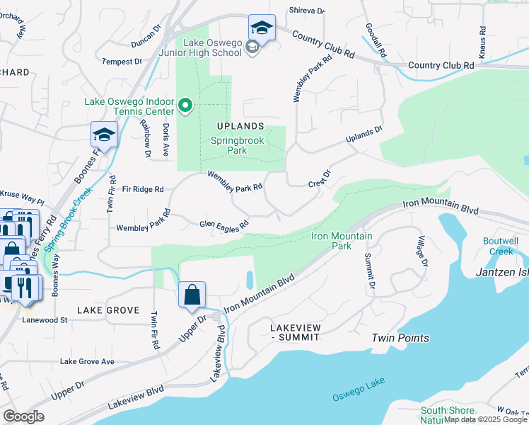 map of restaurants, bars, coffee shops, grocery stores, and more near 2411 Glen Eagles Road in Lake Oswego