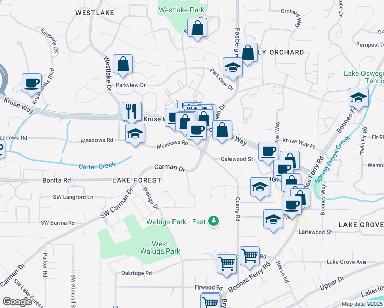 map of restaurants, bars, coffee shops, grocery stores, and more near 4800 Meadows Road in Lake Oswego