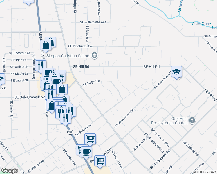 map of restaurants, bars, coffee shops, grocery stores, and more near 14758 Southeast Raintree Court in Milwaukie