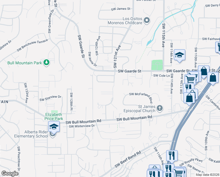 map of restaurants, bars, coffee shops, grocery stores, and more near 12255 Southwest Duchilly Court in Tigard