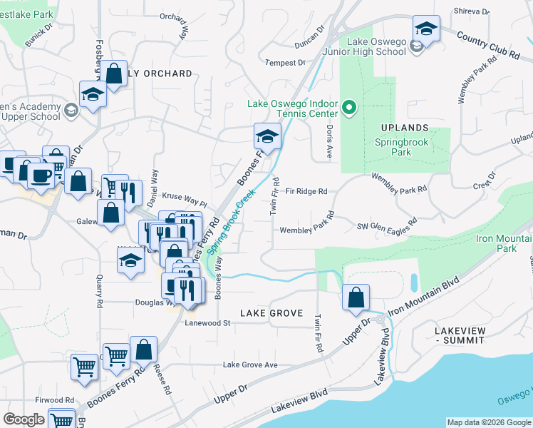 map of restaurants, bars, coffee shops, grocery stores, and more near 15001 Twin Fir Road in Lake Oswego