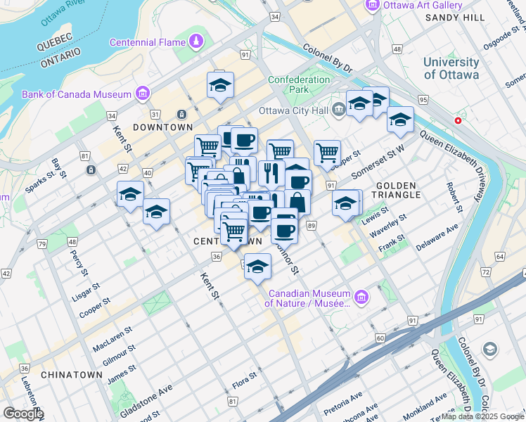 map of restaurants, bars, coffee shops, grocery stores, and more near 340 Cooper Street in Ottawa