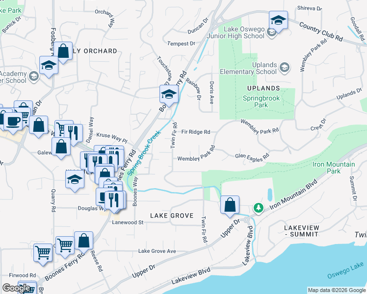 map of restaurants, bars, coffee shops, grocery stores, and more near 15008 Twin Fir Road in Lake Oswego