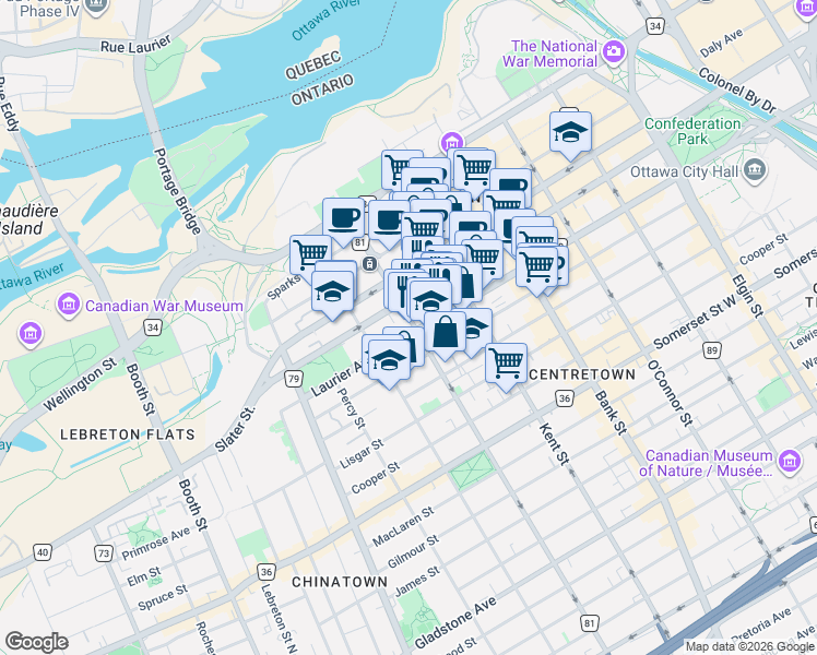 map of restaurants, bars, coffee shops, grocery stores, and more near 445 Avenue Laurier in Ottawa