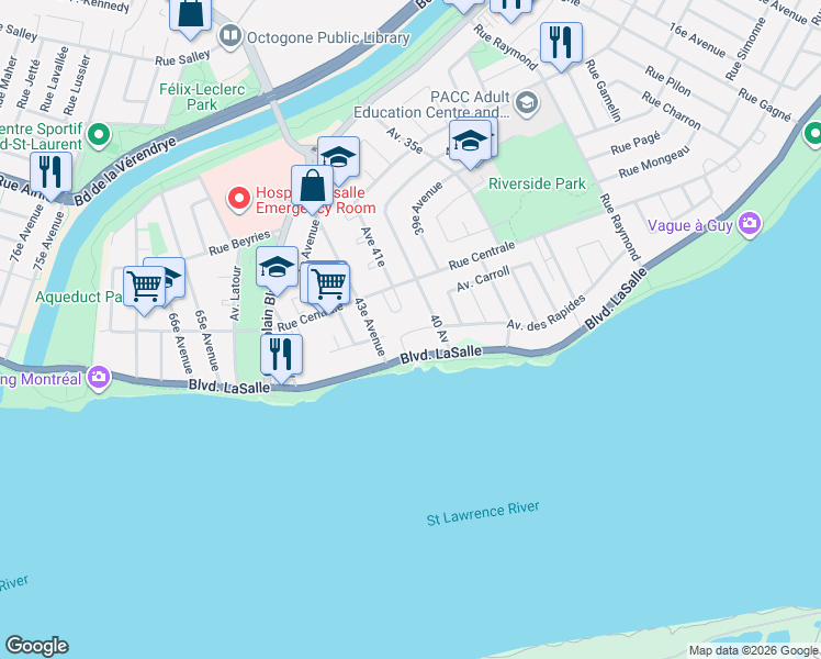 map of restaurants, bars, coffee shops, grocery stores, and more near 8567 Avenue des Rapides in Montréal